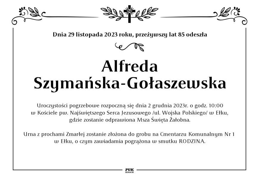 Alfreda Szymańska-Gołaszewska - nekrolog
